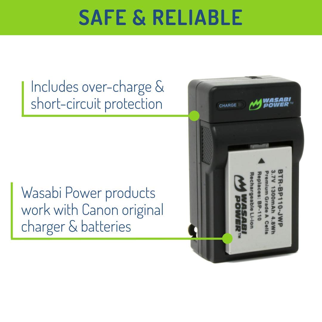 Wasabi Power Battery (2-Pack) and Charger for Canon BP-110 (Fully Decoded) and Legria HF R26, Legria HF R28, Legria HF R206, Vixia HF R20, Vixia HF