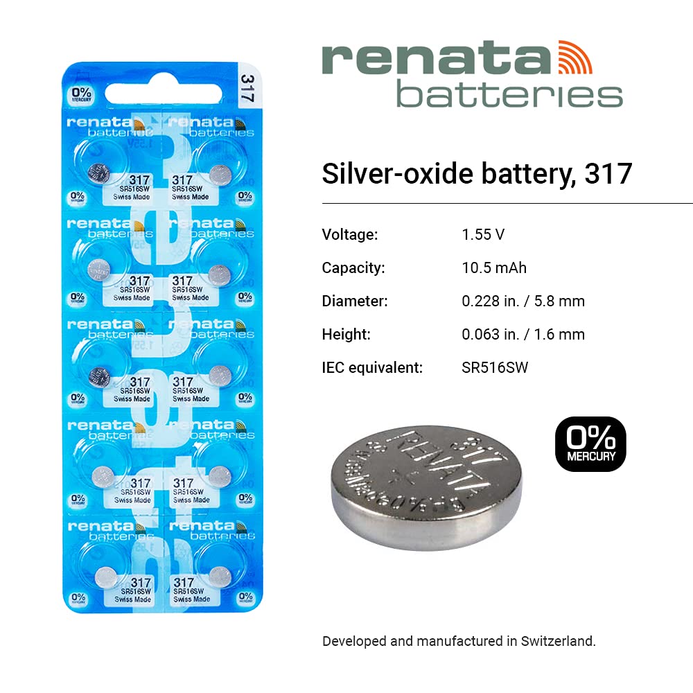 Renata 317 SR516SW Batteries - 1.55V Silver Oxide 317 Watch Battery (20 Count)