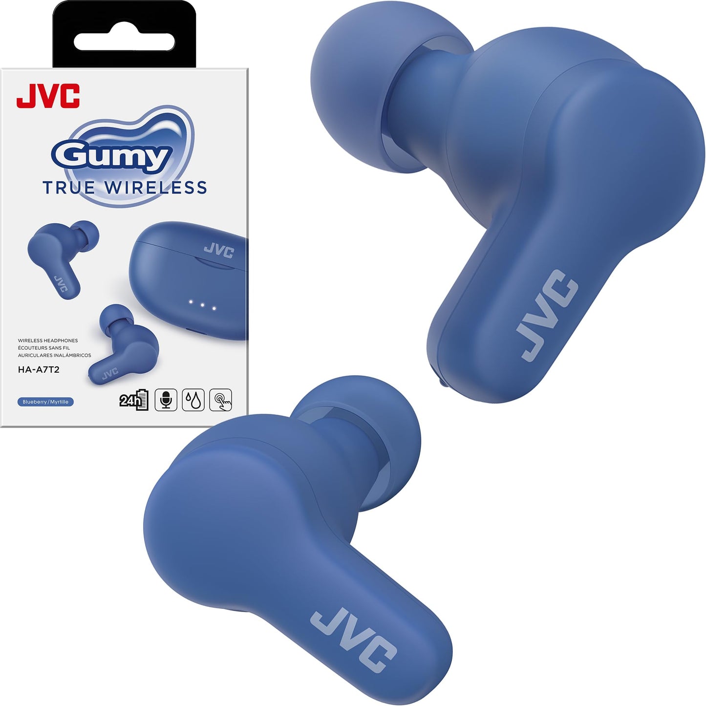 JVC Gumy True Wireless Earbuds, Bluetooth 5.3, Charging Case, 24-Hour Playback, IPX4 Water Resistant, Comfortable Secure Fit with XS/S/M/L Earpieces