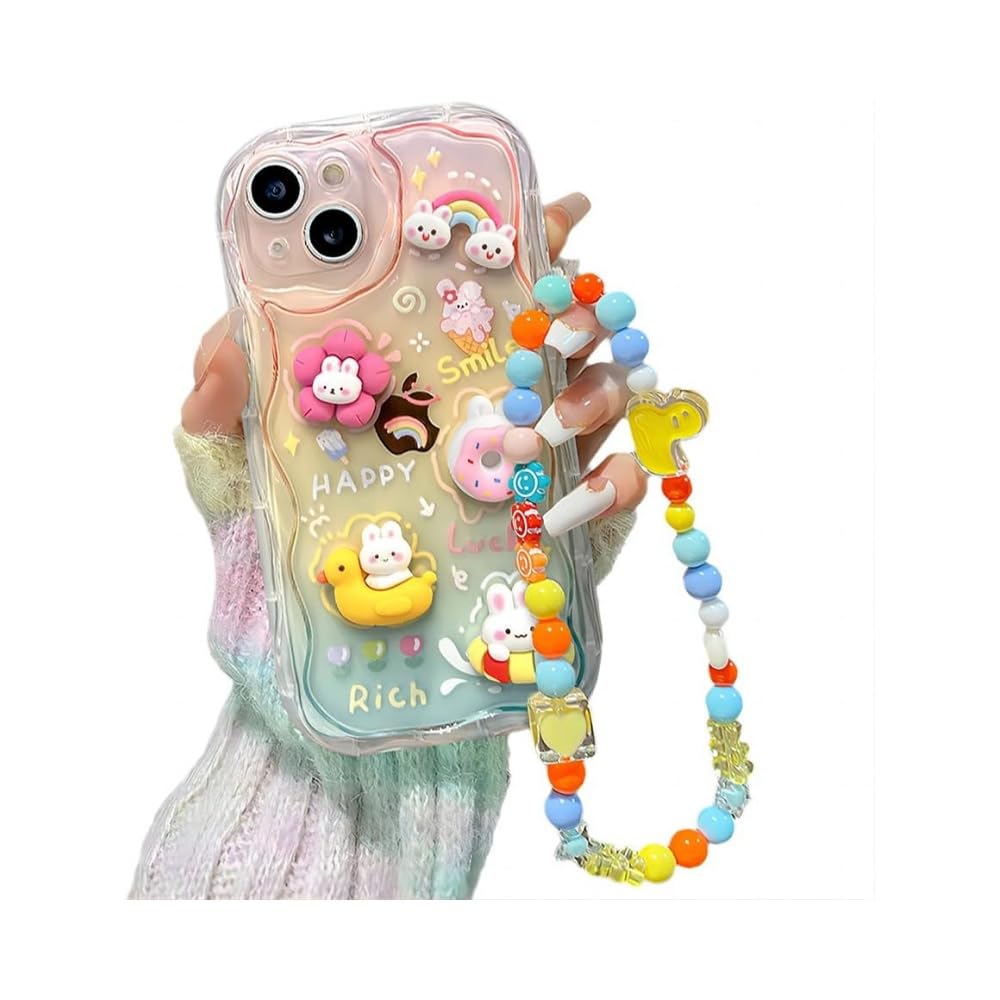 Dzdcase Designed for iPhone Case,Cute Rainbow Rabbit Duck Kawaii Cartoon Animal Wristband Strap Bracelet Chain Soft Shockproof Cover Phone Case