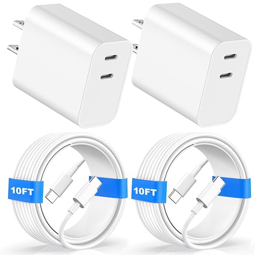 Compatible with Phone15/16/17 Charger Fast Charging,20W Dual USB C Charger Block with Two 10FT USB C-C Charging Cables with Phone 15/16Pro