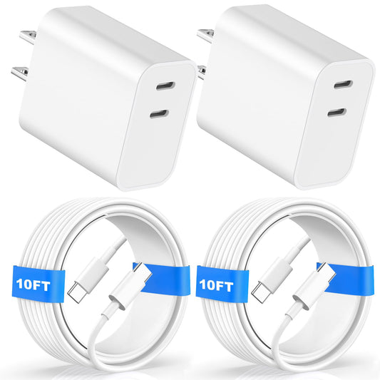 Compatible with Phone15/16/17 Charger Fast Charging,20W Dual USB C Charger Block with Two 10FT USB C-C Charging Cables with Phone 15/16Pro