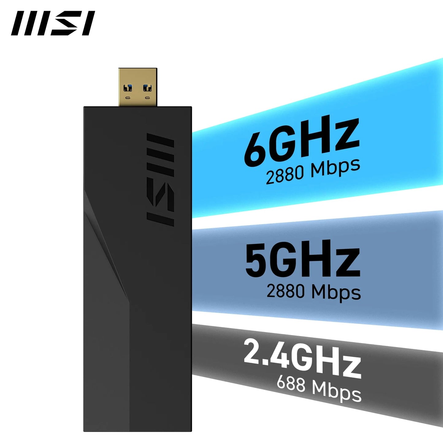 MSI BE6500 WiFi 7 USB Adapter - WLAN up to 2880 Mbps (6GHz, 5GHz, 2.4GHz Wireless), USB 3.2 Gen 1, MU-MIMO, 2X High-Gain Tri-Band Antennas