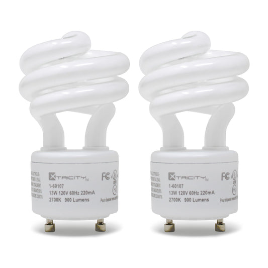 Xtricity Compact Fluorescent GU24 2 Prong Light Bulb Base, T2 Mini Spiral, 13W (60 Watt Equivalent), 2700k Soft White, 900 Lumens, CFL, 120V, UL