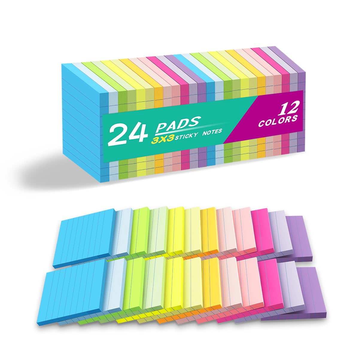 (24 Pack) Lined Sticky Notes 3x3 in,Bright Notepads with Lines