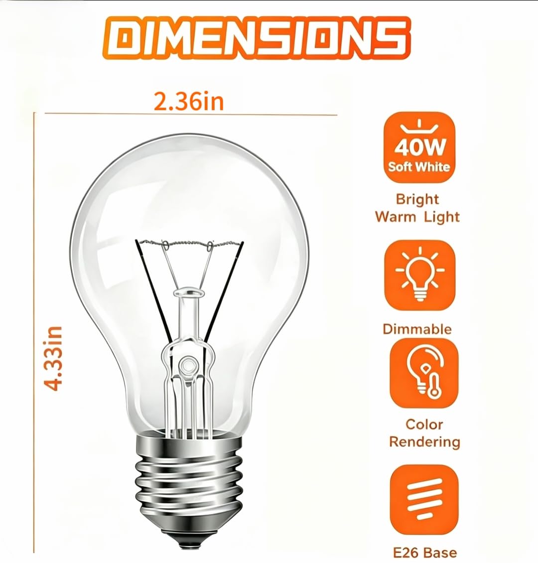 JUNFMLY 40 Watt Incandescent Light Bulbs, Dimmable,40W Equivalent, A19 Light Bulbs,High Brightness 2700K Warm White (4PACK)
