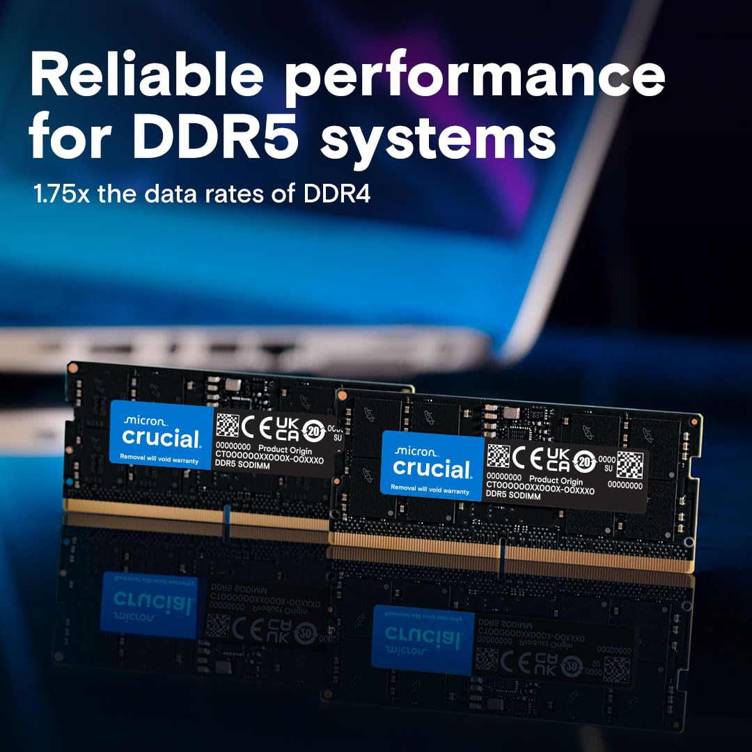 Crucial 16GB DDR5 RAM, 5600MHz (or 5200MHz or 4800MHz) Laptop Memory, SODIMM 262-Pin, Compatible with 13th Gen Intel Core and AMD Ryzen 7000