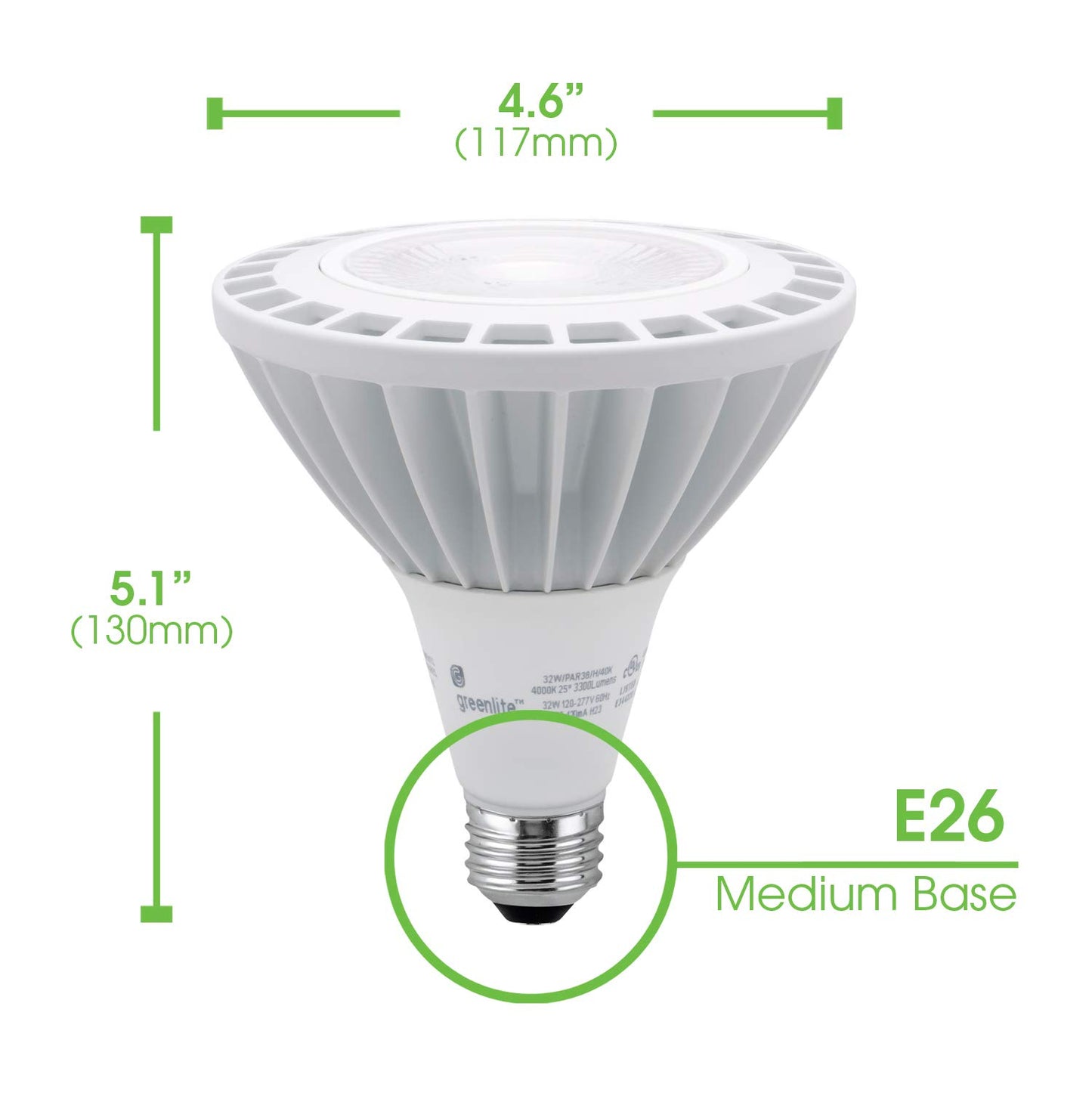 Greenlite 32W LED PAR38 Flood Light Bulb, 250W Equivalent, 3300 Lumens, 4000K Cool White, E26 Medium Base, 120V/277V (1 Pack)