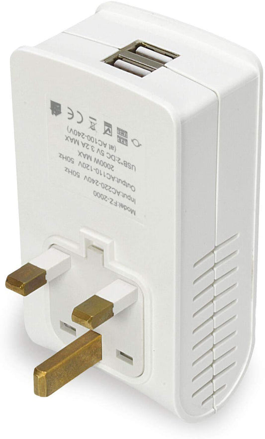 LiteFuze 2000W Travel Voltage Converter for Hair Dryer - Dual USB for Cell Phones, Charger, UK Hong Kong Type G Plug (FZ2000-G)
