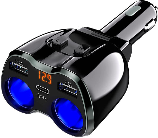 Otium USB C Car Charger, 2 Sockets Cigarette Lighter Splitter 12/24V 80W Dual USB Type-C Ports Separate Switch LED Voltage Display Built-in