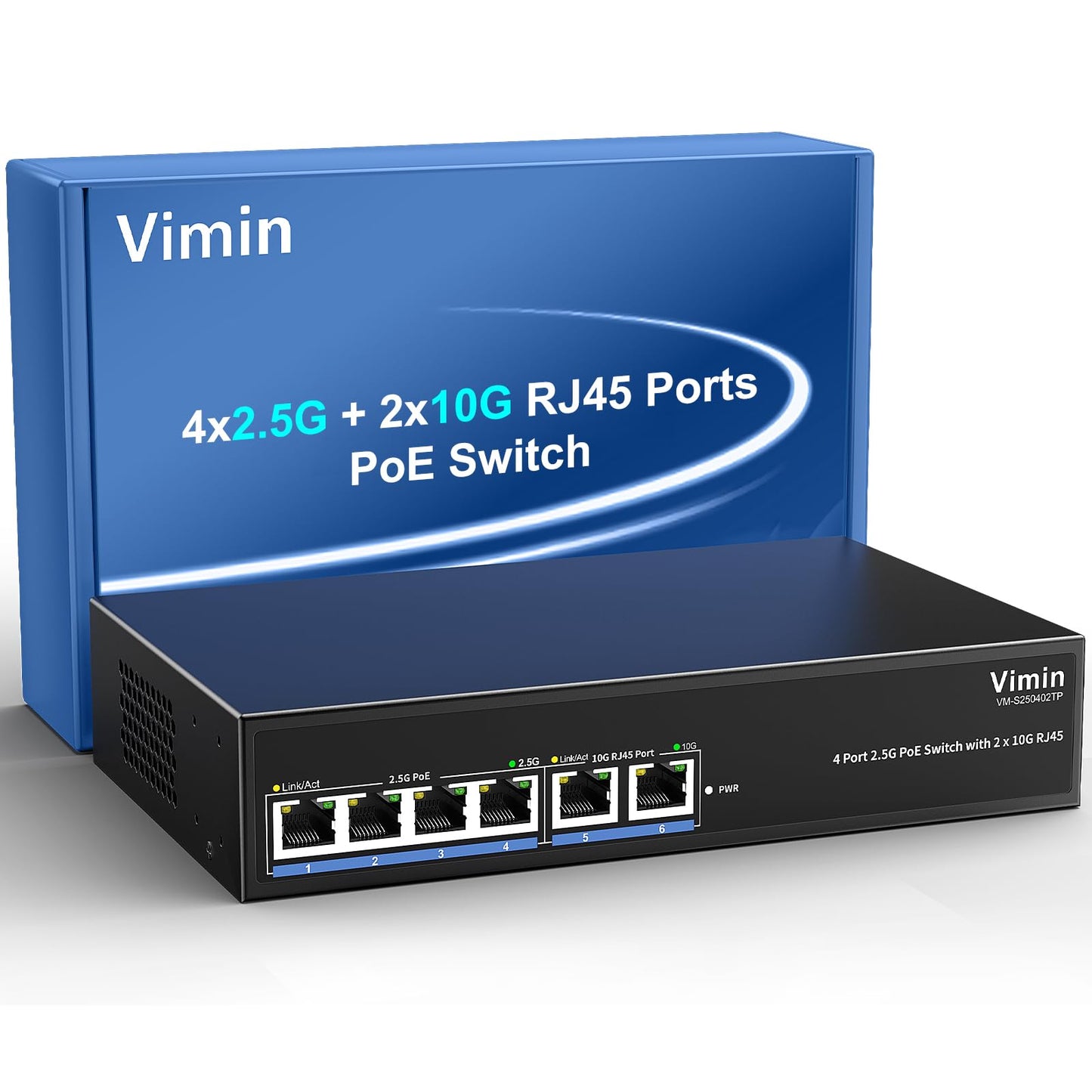 6-Port 2.5G PoE Switch with Dual 10GBASE-T, Vimin 4X 2.5G +2 x 10Gb RJ45 Ports Unmanaged PoE Switch, 60Gbps Capacity, 65W, 10G Switch Desktop Network
