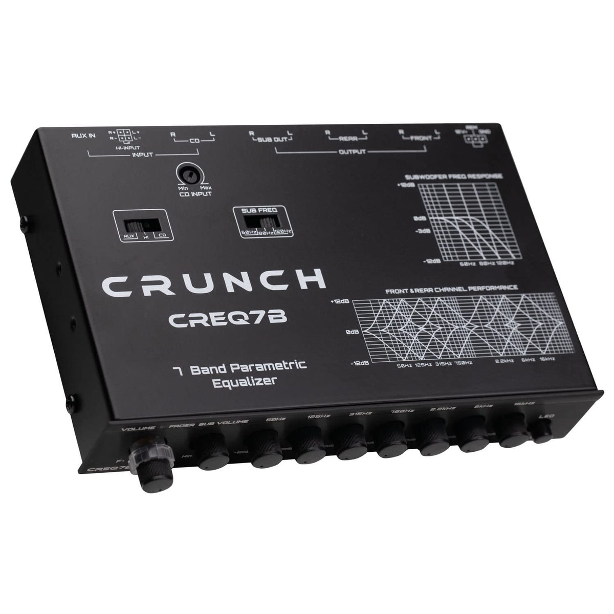 Crunch CREQ7B 7-Band Car Audio Parametric Equalizer with 9-Volt Line Driver, Subwoofer Control, and Dual Aux Inputs, ½ DIN ISO Mount