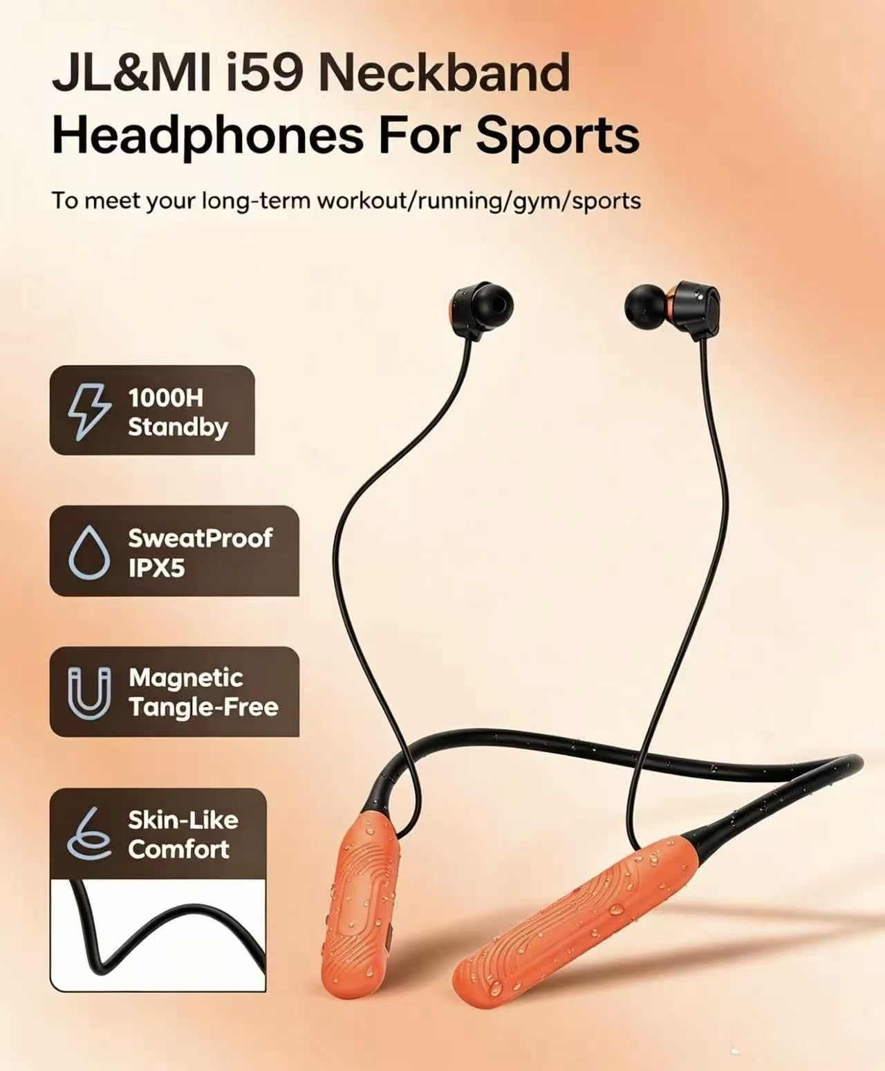 JL&MI Neckband Bluetooth Headphones, 1000H Extra Battery Life Magnetic Earbuds Noise Cancelling, 80H Playtime Running Headphones Around Neck with Mic