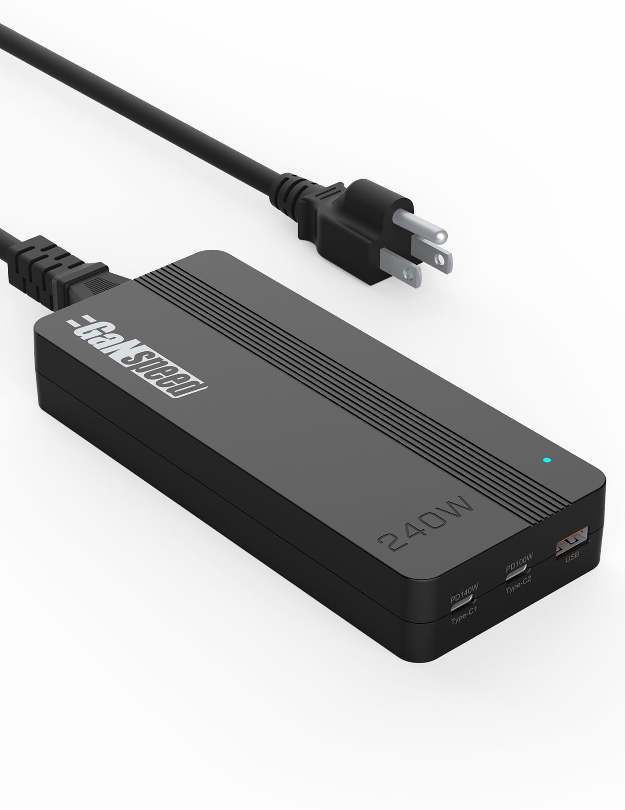 GaNspeed Portable 240W GaN PD USB C USB A Desktop Charger Adapter, 3-Port PPS Fast Charging with 3Ft Removable AC Cord for MacBook Air Pro Laptop