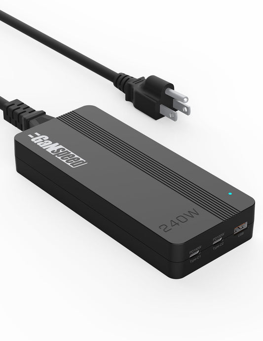 GaNspeed Portable 240W GaN PD USB C USB A Desktop Charger Adapter, 3-Port PPS Fast Charging with 3Ft Removable AC Cord for MacBook Air Pro Laptop