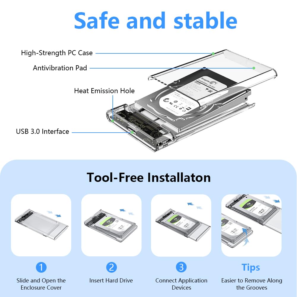 Garrulax External Hard Drive Enclosure , SATA to USB 3.0 2.5 inch SSD HDD 7mm 9.5mm Clear Hard Drive Case Supports UASP SATA (Clear)