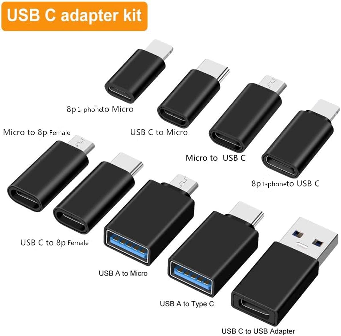 BHSKJSZ 10-Piece Type C Adapter Kit, Compatible with Micro USB/Type C/USB OTG Adapter, Travel Case with and Carabiner, Includes USB Type C Cable