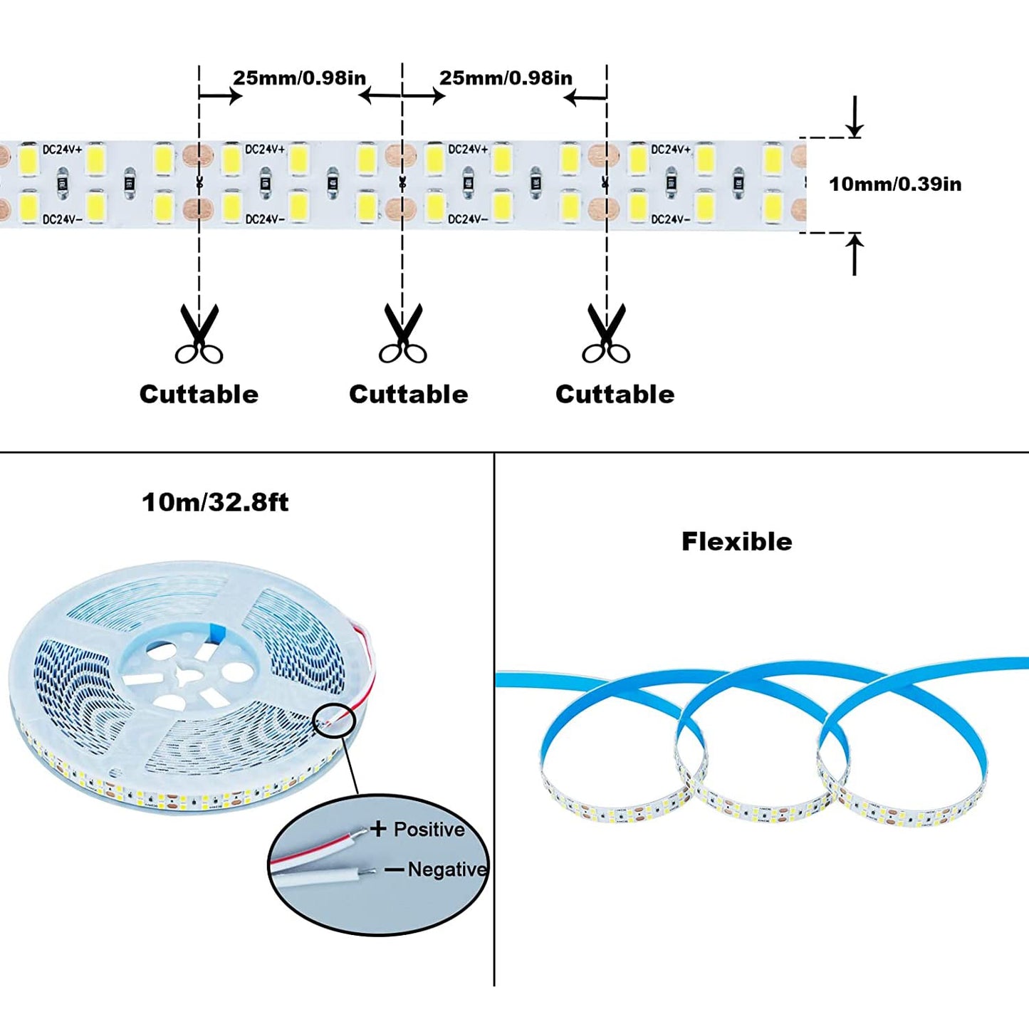 KXZM 24V 32.8ft(10M) Double Row LED Strip Light Natural White 4000K 2400LEDs 2835SMD 160W High Brightness 11000LM No-Waterproof IP20 Flexible Ribbon