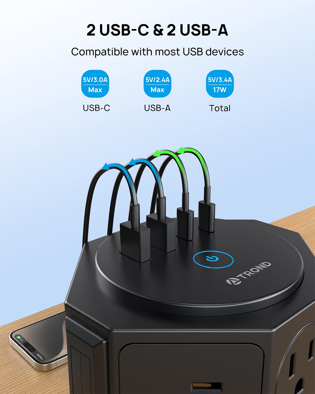 TROND Tower Surge Protector Power Strip with USB, 14 Widely Spaced Outlets, 2 USB-C and 2 USB-A, 2100J Surge Protection, 6 Feet Extension Cord