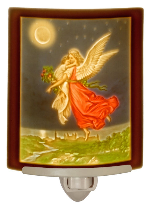 Guardian Angel Night Light Colored Porcelain Lithophane by The Porcelain Garden, Decorative Wall Plug in for Nursery, Bedroom Kitchen, Bath, Hallway