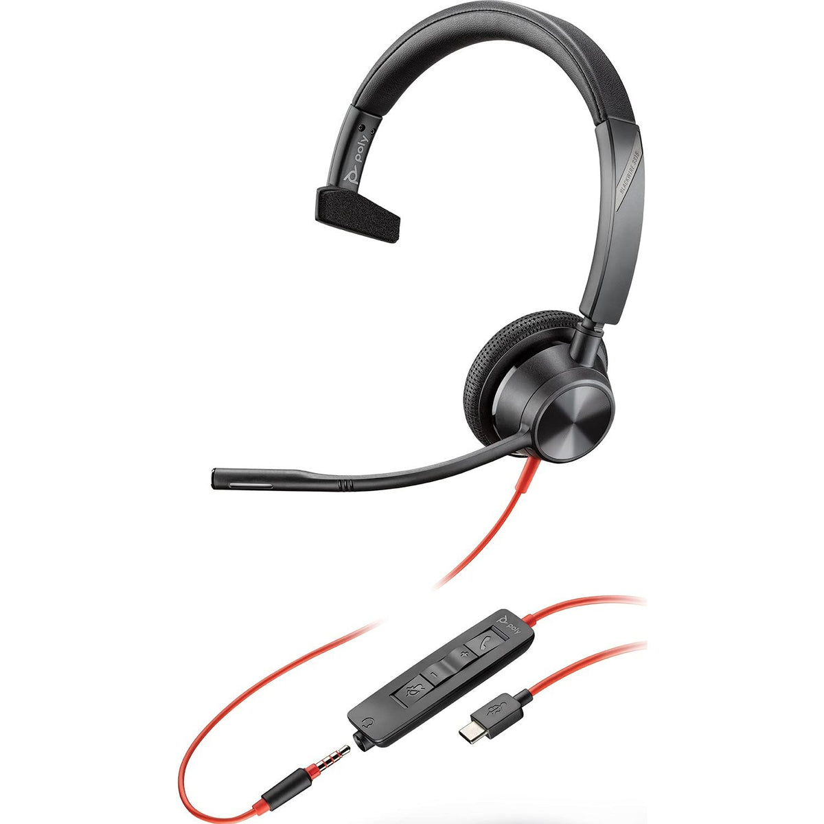 Plantronics - Blackwire 3315 Wired, Single Ear (Mono) USB-A Headset with Boom Mic (Poly) - Connect to PC/Mac via USB-A or mobile/tablet via 3.5 mm