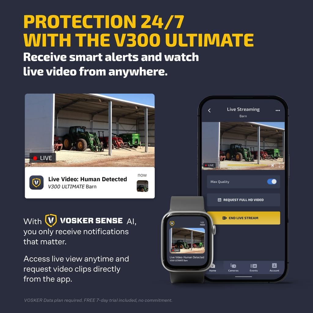Vosker V300 Ultimate Farmers Pack Outdoor Security Camera with External Solar Panel for Farms Pastures and Greenhouses 4G LTE Black Single Unit