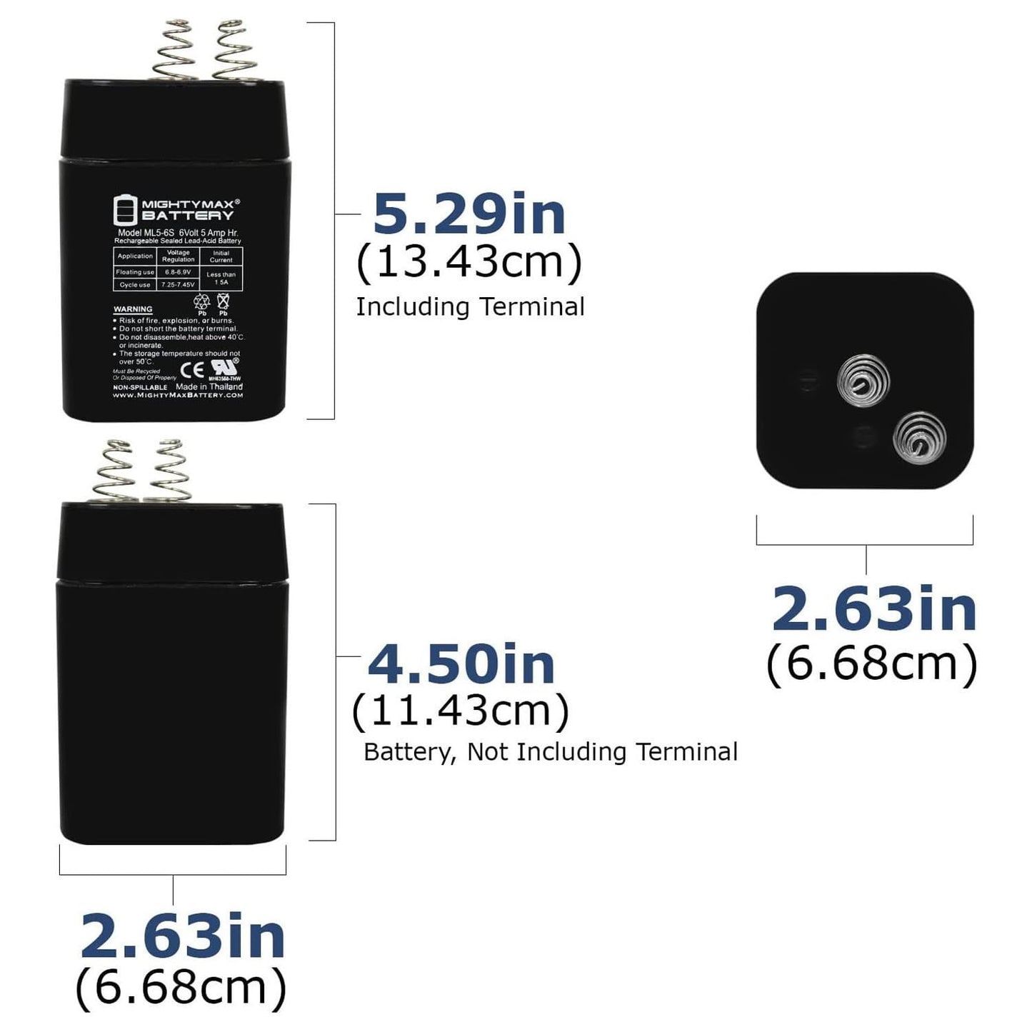 ML5-6S -6 Volt 5 AH, Spring S2 Terminal, Rechargeable SLA AGM Battery