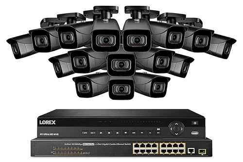 Lorex NC4K8-3216BB 32 Channel 4K Security Camera System with N882A38B 8TB 4K Fusion NVR, 16 Port ACCLPS263B POE Switch and 16 E841CAB 8MP Bullet