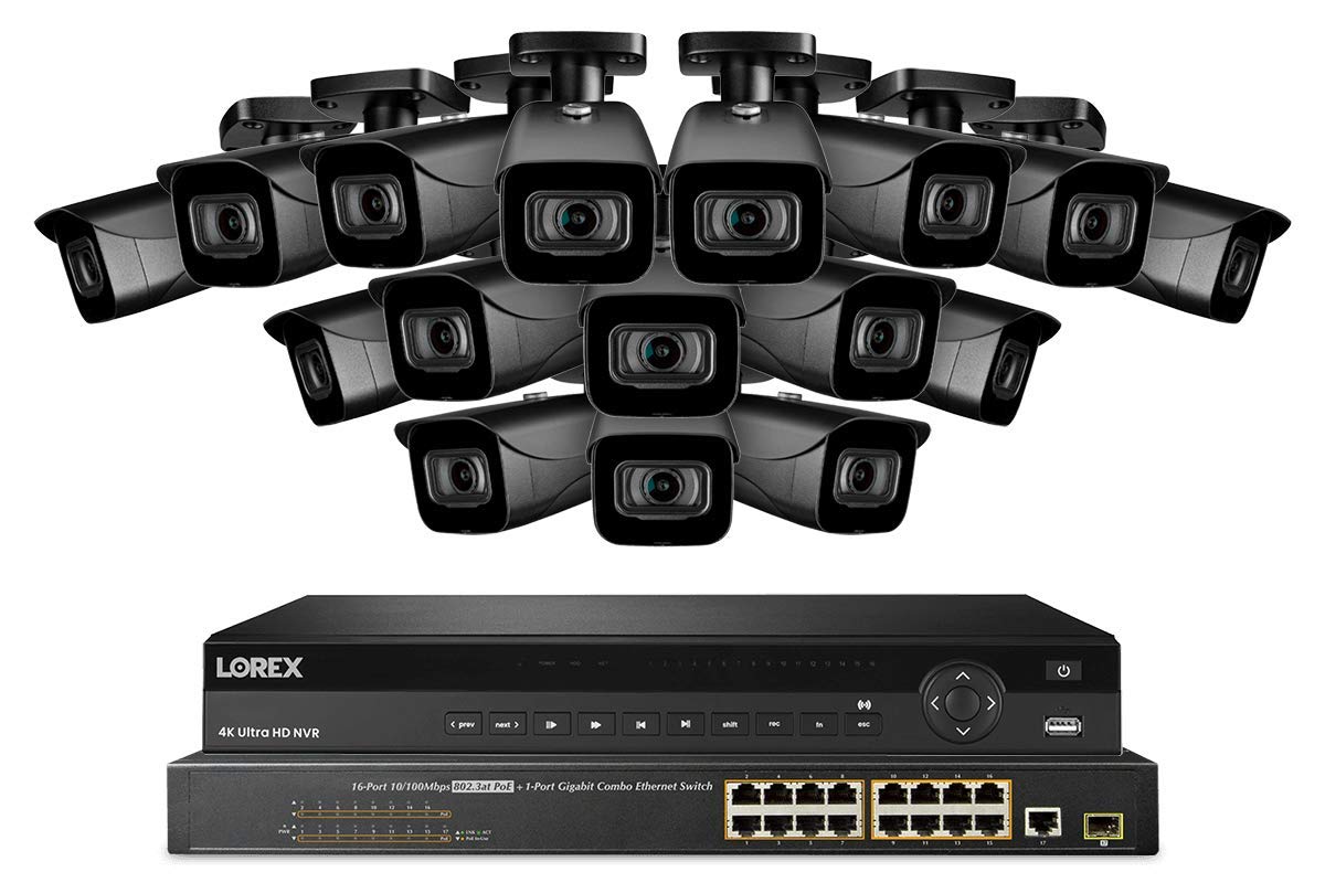 Lorex NC4K8-3216BB 32 Channel 4K Security Camera System with N882A38B 8TB 4K Fusion NVR, 16 Port ACCLPS263B POE Switch and 16 E841CAB 8MP Bullet