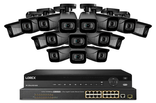 Lorex NC4K8-3216BB 32 Channel 4K Security Camera System with N882A38B 8TB 4K Fusion NVR, 16 Port ACCLPS263B POE Switch and 16 E841CAB 8MP Bullet