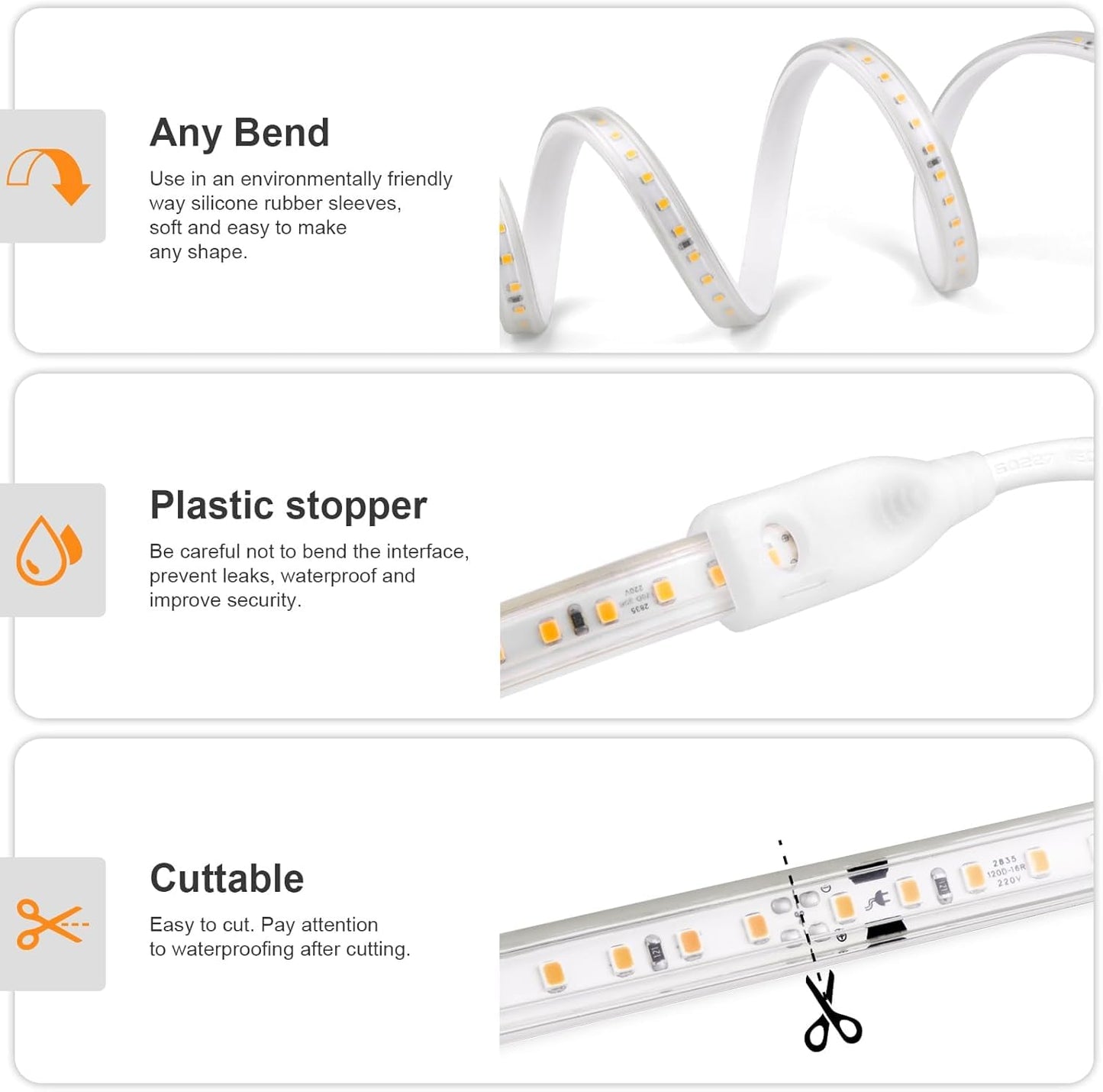 tlinkosta LED Strip Lights Outdoor LED Lights Waterproof AC 110V 600LED 3000k LED Rope Lights for Indoor, Outdoor, Garden, Lawn, Kitchen, Staircase