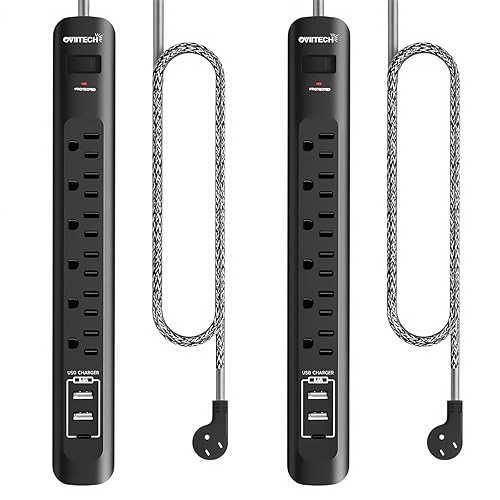 2 Pack Power Strip Surge Protector - 5Ft Extension Cord with 6 Outlets with 3USB Ports(1 USB C) Port, 1875W/15A, Flat Plug, Wall Mount Desk Charging