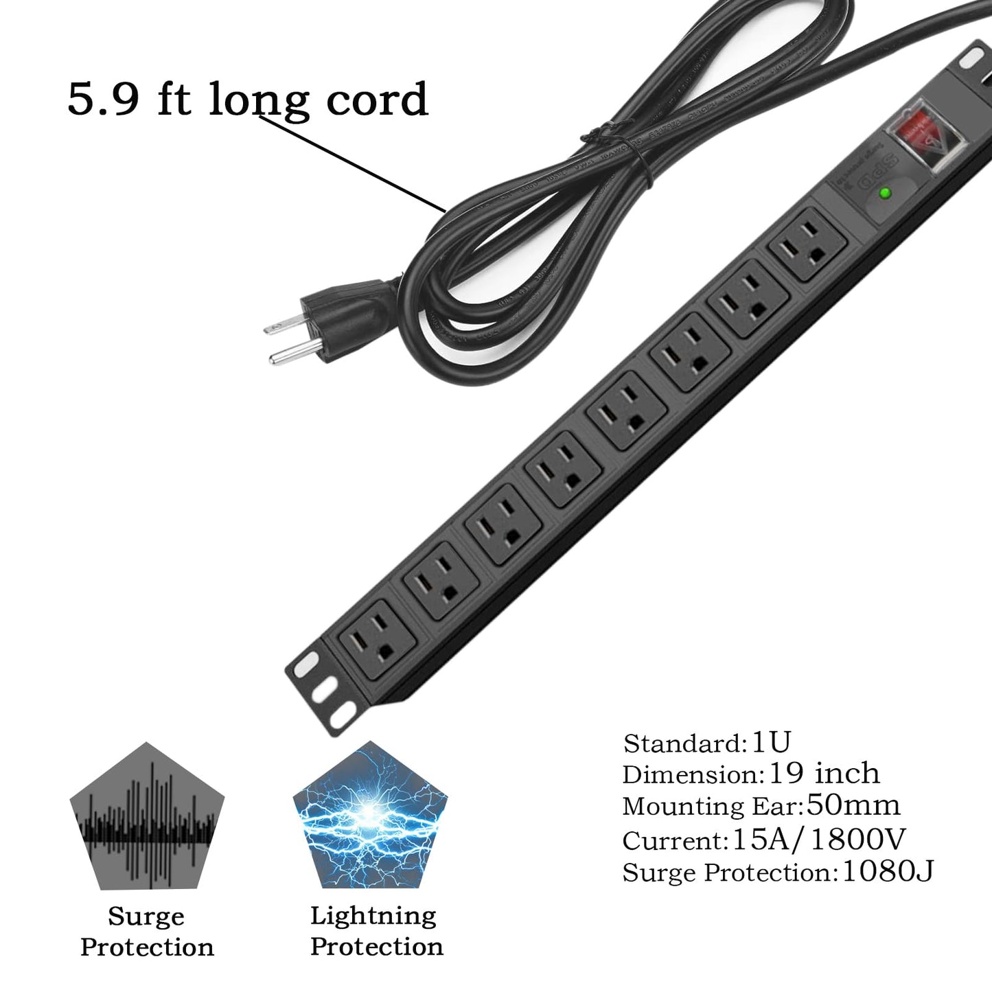 Surge Protector Power Strip 1U Rack Mount PDU,8 Wide-Spaced Outlet Extender, Mountable Heavy-Duty Electric 5.9 ft Extension Cord Strip for Server