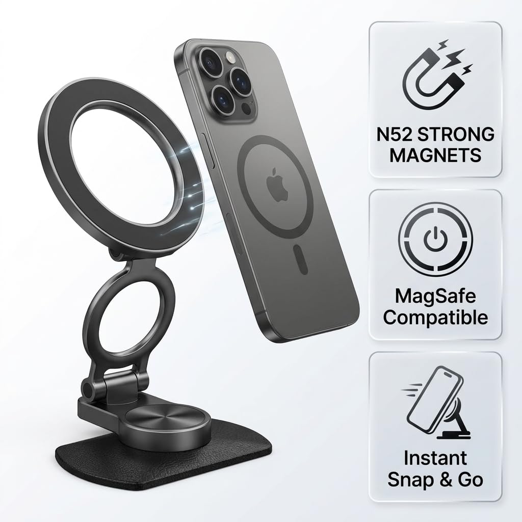 bqoeesok Car Phone Holder for MagSafe, N52 Strong Magnetic 3M Adhesive Dashboard Mount, 57mm Ultra-Thin Foldable (0.75"), 360° Swivel + 75°~210° Tilt