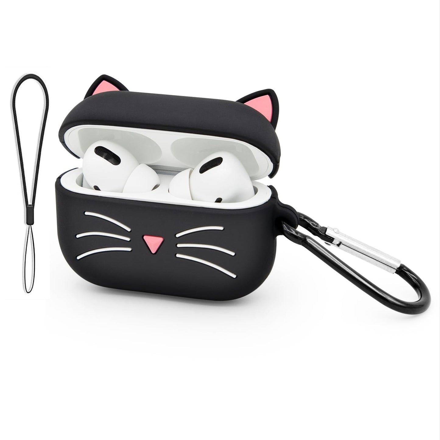 YONOCOSTA Cute Airpods Pro Case, Black Whisker Cat Kitty Airpods Pro 2 Case, Funny 3D Cartoon Animals Shockproof Soft Silicone Charging Cover