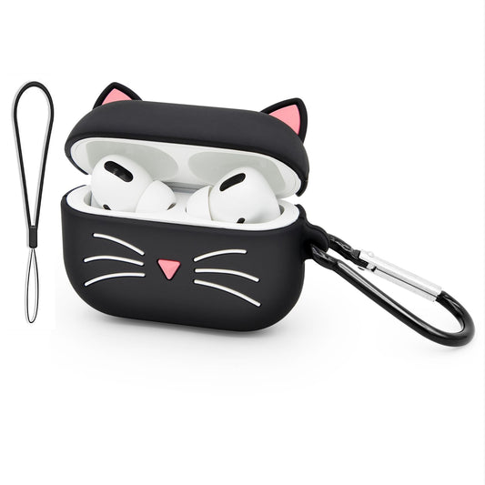 YONOCOSTA Cute Airpods Pro Case, Black Whisker Cat Kitty Airpods Pro 2 Case, Funny 3D Cartoon Animals Shockproof Soft Silicone Charging Cover