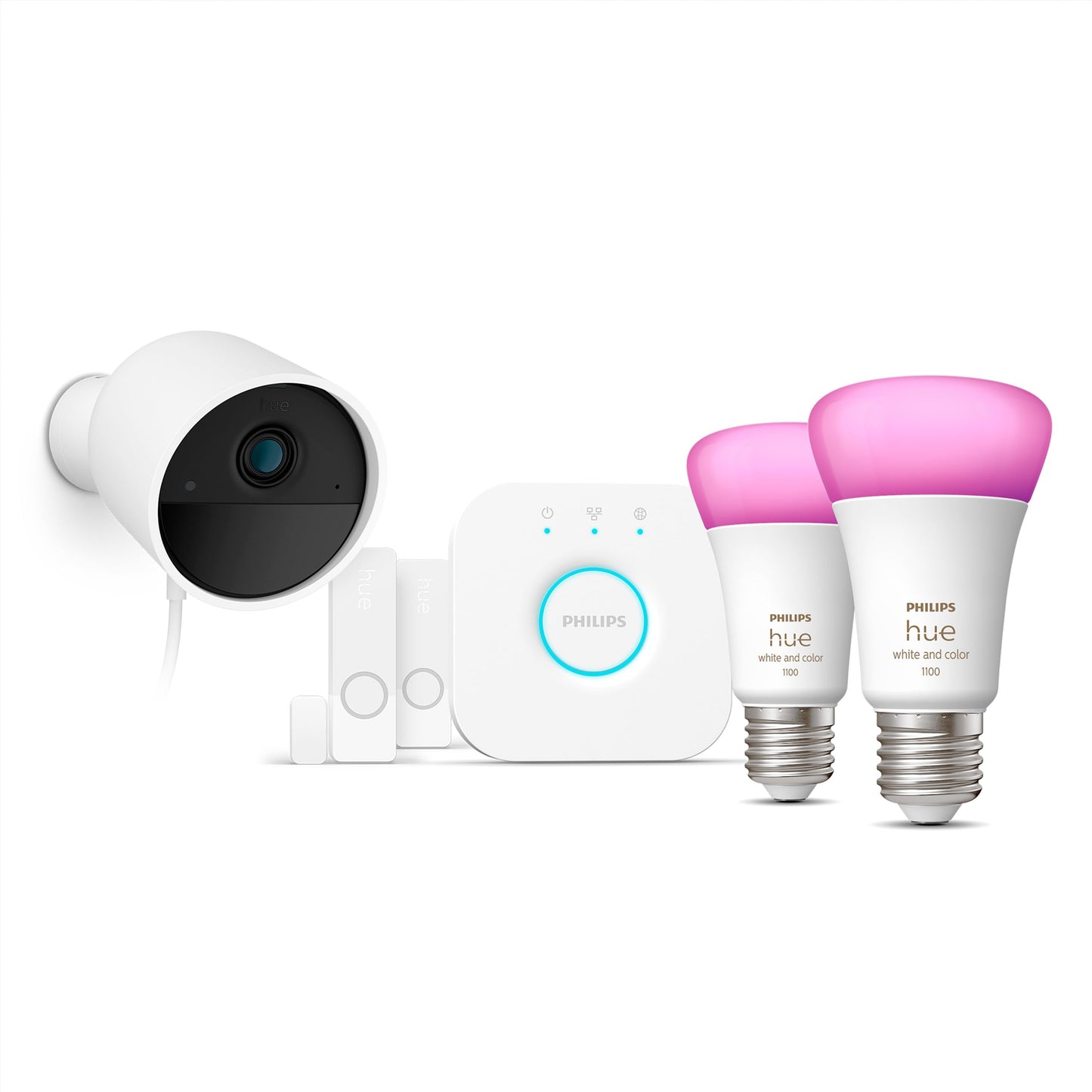 Philips Hue Secure Starter Kit with Bridge, Wired Security Camera, (2) Secure Contact Sensor, (2) 75W A19 Bulb, White & Color Ambiance, Works Security