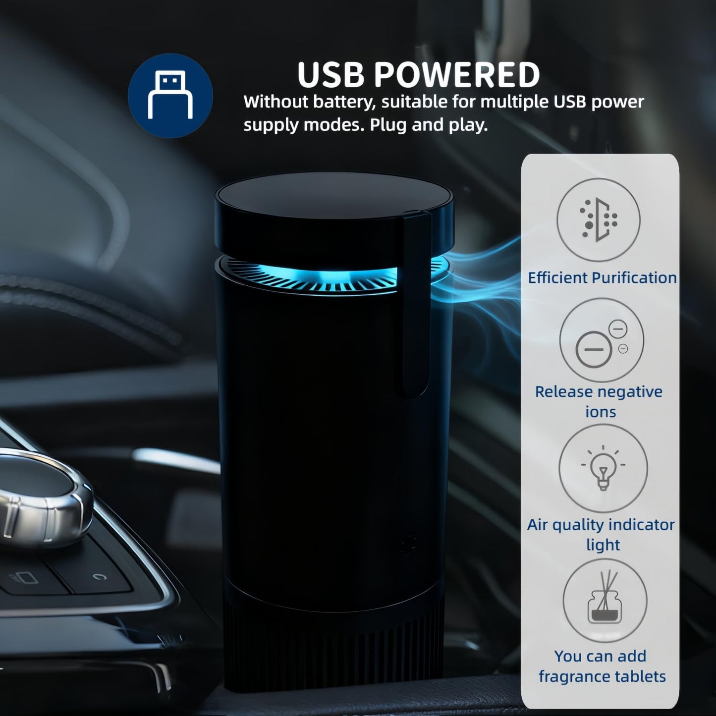 Aluminum alloy Portable Air Purifier for Car and Home, Black, DC 5V, 15 CFM Airflow, Negative Ion Purification, 3-Speed Adjustment, Quiet Operation
