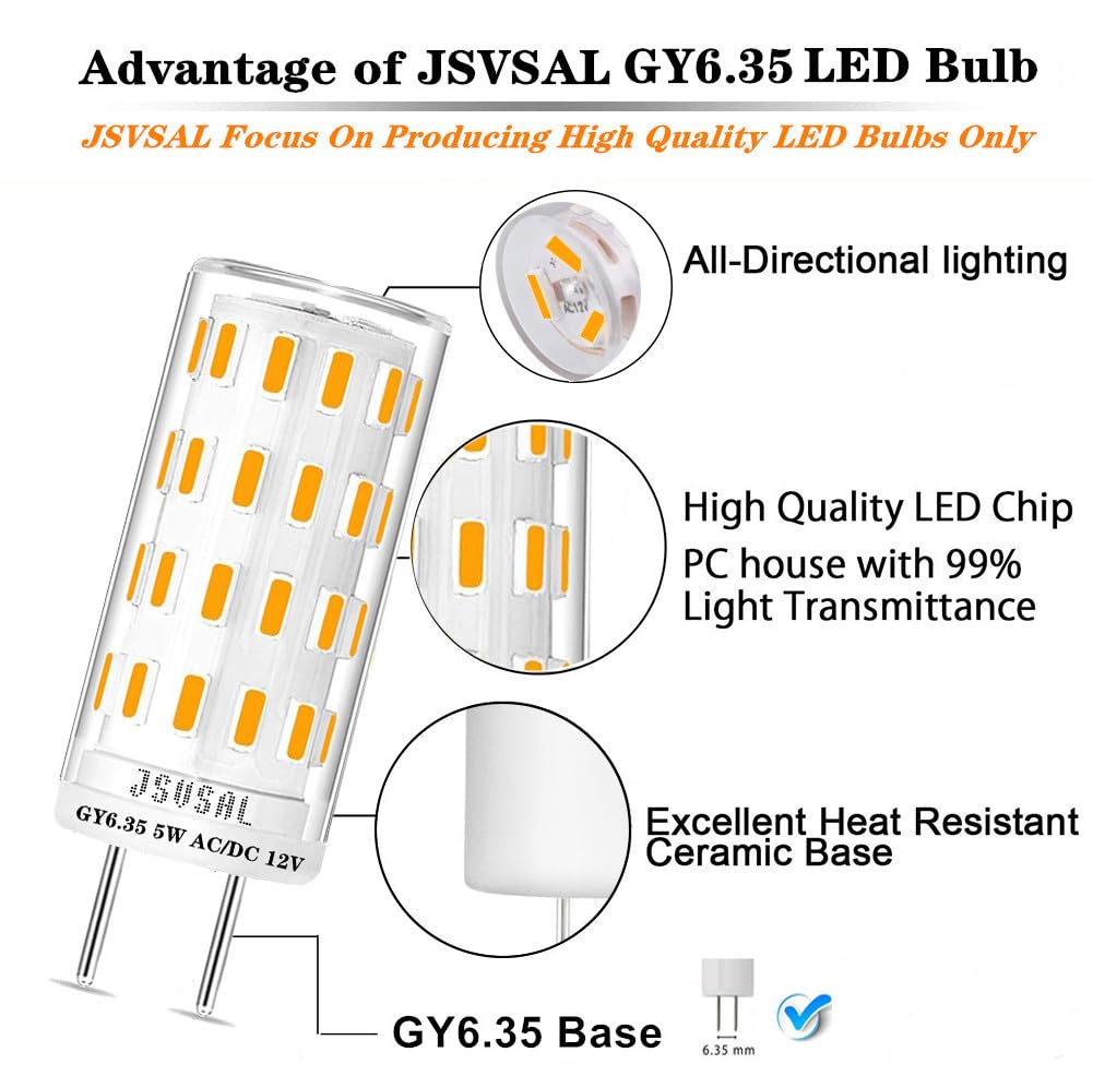 JSVSAL GY6.35 LED Bulb Dimmable,5W,12V Natural White 4000K,6-Pack