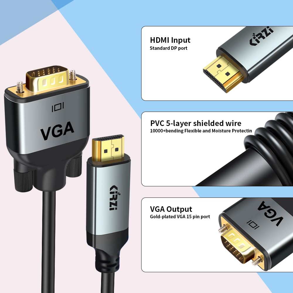 Kirzi HDMI to VGA Cable, Uni-Directional HDMI Computer to VGA Monitor Cable (3ft)
