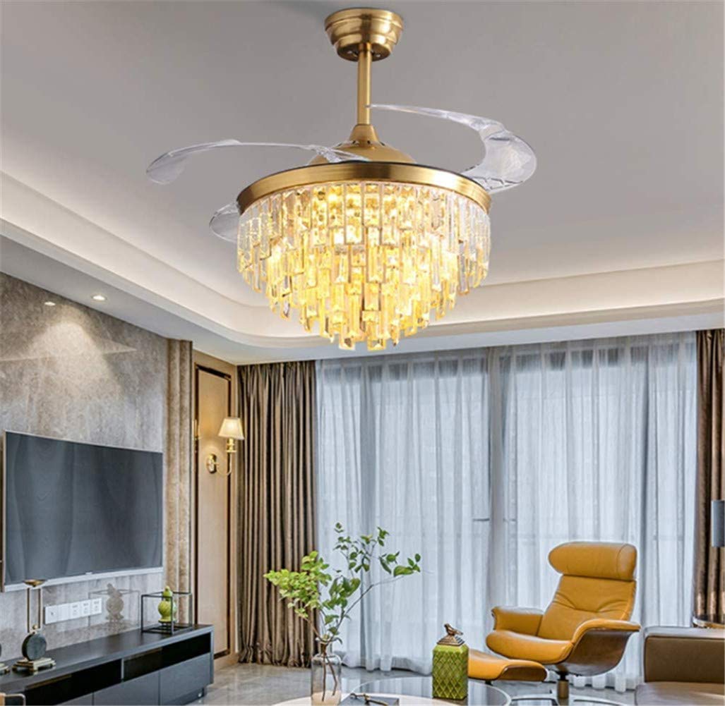 Angry Pryo 42" Luxury Crystal Retractable Ceiling Fan with LED Lights and Remote,3 Color 3 Speed Silent Motor Ceiling Fan Chandelier for Living Room
