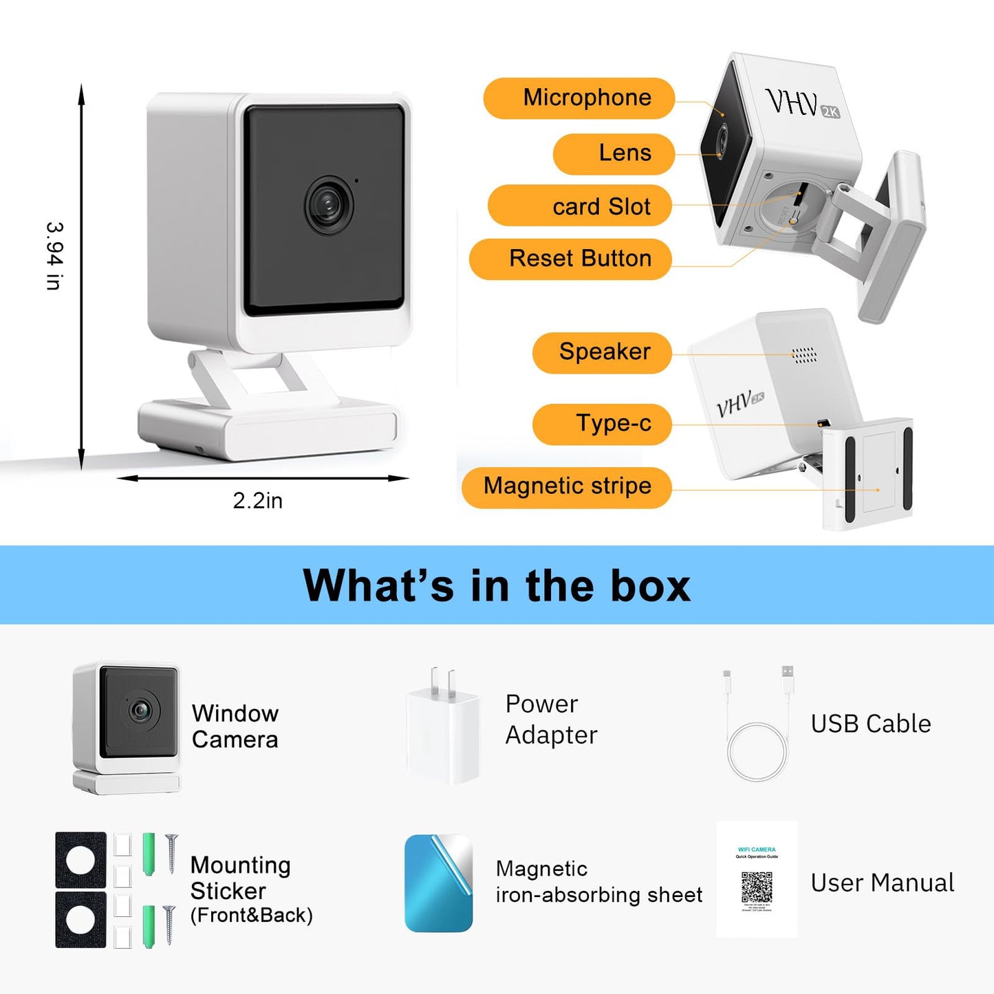 VHV 4MP Ultra HD Smart Window Security Camera - 2.4G/5G WiFi, Color Night Vision, 24/7 Cloud Recording, AI Motion Detection, Family Sharing (1PCS)