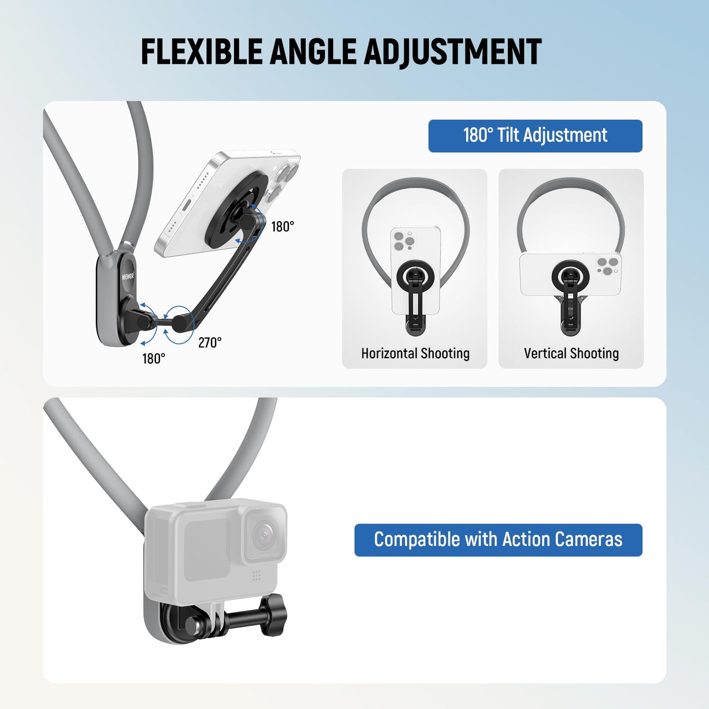 Neewer Magnetic Neck Holder for Action Camera Phone Hands Free Neck Tripod Chest Mount Compatible with GoPro DJI Insta360 iPhone15 Android Neck Phone