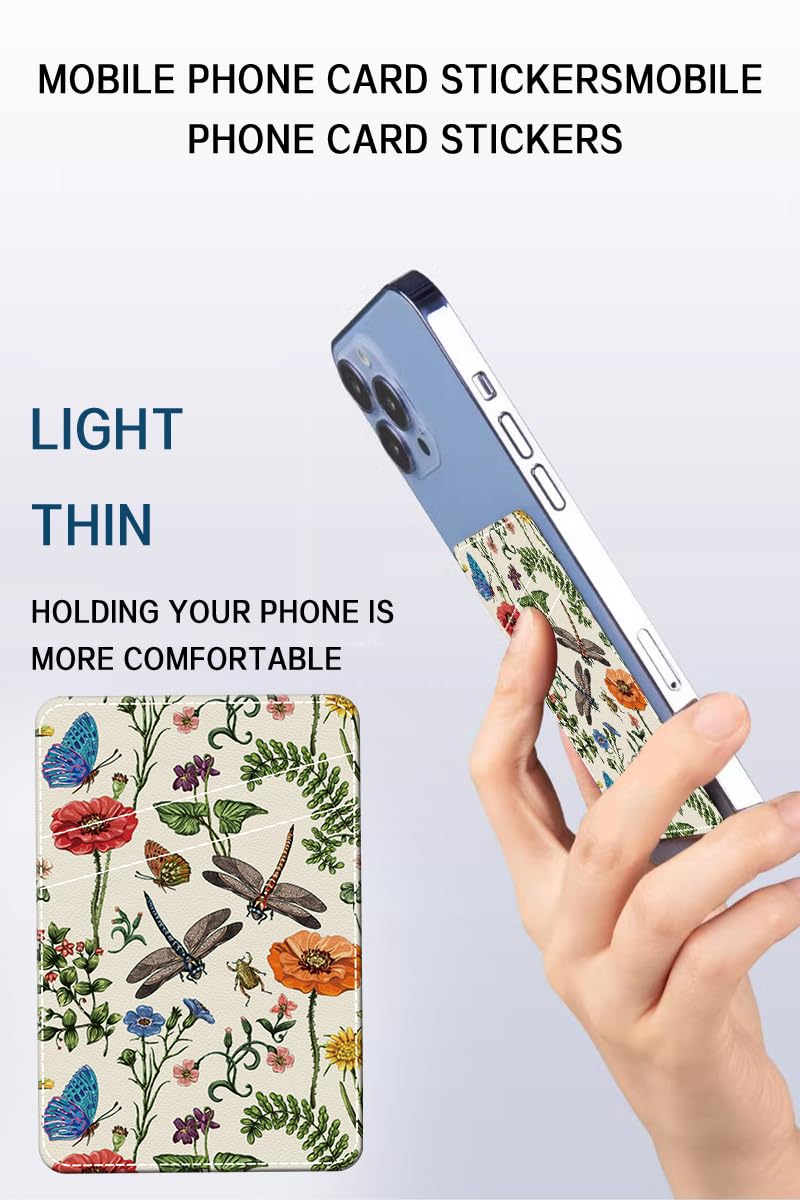AOHRO Phone Card Holder, Dual Pocket Leather Phone Wallet Adhesive Stick On, Cute Card Holder, Credit Card Holder for Phone Case Retro Insects