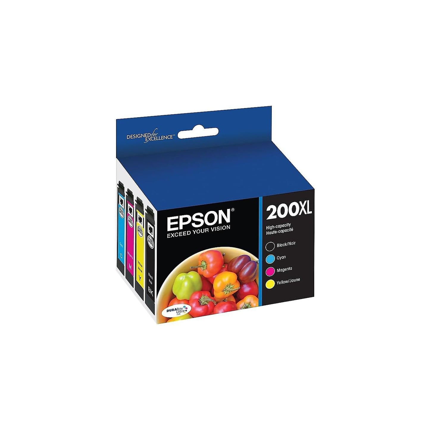 Epson T200XL Black/Cyan/Magenta/Yellow High Yield Ink Cartridge, 4/Pack (T200XL-XCS) in Retail Packaging