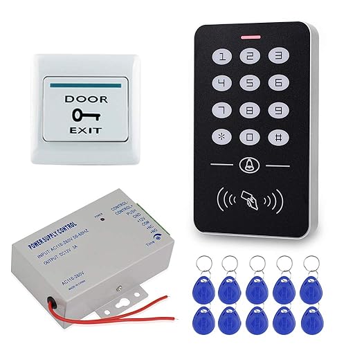 HFeng Access Control System Kit 125KHz RFID Keypad + DC12V 3A Power Supply Controller + Door Exit Button + 10pcs Keyfobs Card for Home Alarm