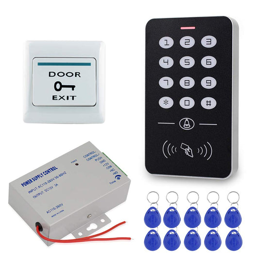 HFeng Access Control System Kit 125KHz RFID Keypad + DC12V 3A Power Supply Controller + Door Exit Button + 10pcs Keyfobs Card for Home Alarm