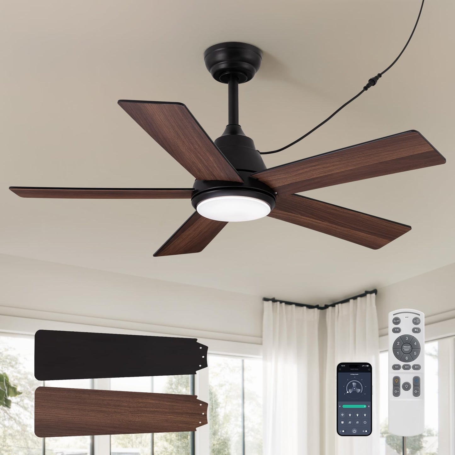 SPACORA 42 Inch Ceiling Fan with Light, Black Ceiling Fans with Lights and Remote/APP, 3CCT, Noiseless DC Motor, Waterproof Plug in Ceiling Fan