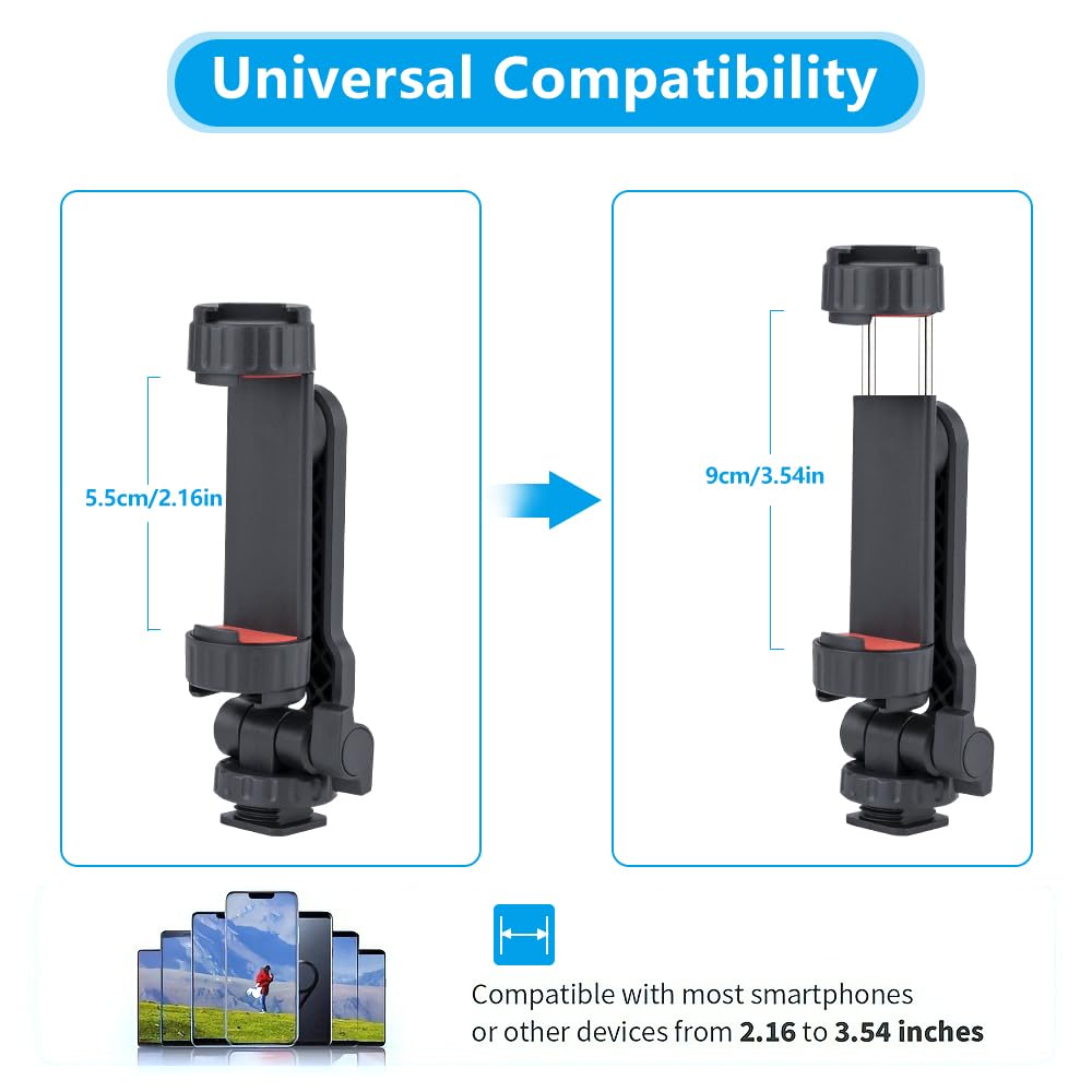 Dual Cold Shoe Phone Mount Holder - Universal Adjustable Smartphone Clamp with Dual Cold Shoe Mounts for Microphone & LED Light, 360° Rotating Ball