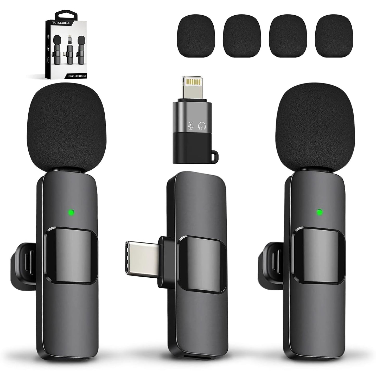 TUTGLOBAL New Mini Wireless Microphone for iPhone iPad Android,Lavalier Microphone for Video Recording,2 Pack iPhone Mic Crystal Clear Recording with